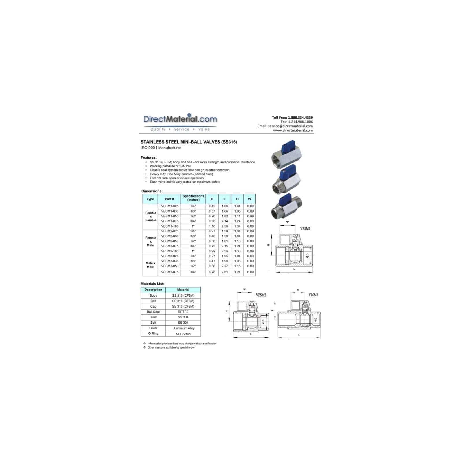 1″ Stainless Steel (316) Mini Ball Valve – FxF NPT