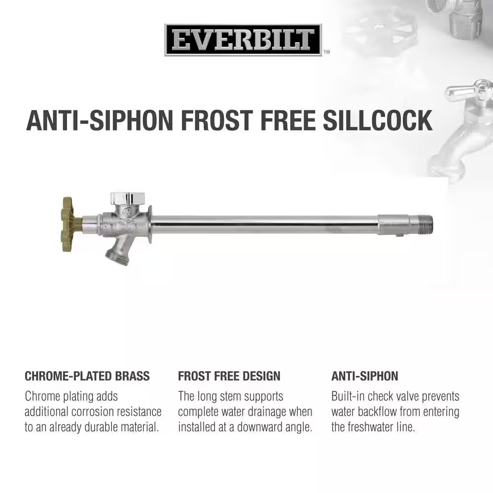 Frost Free Sillcock 10 Inch 1/2 Inch Brass Hose Bib Outdoor Faucet Anti Siphon