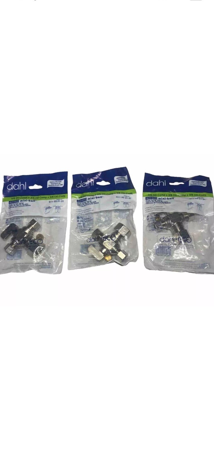 LOT OF 3 DAHL 611-33-31-31 BAG MINI-BALL 5/8″ OD COMP X 3/8″ OD COMP X 3/8” COMP