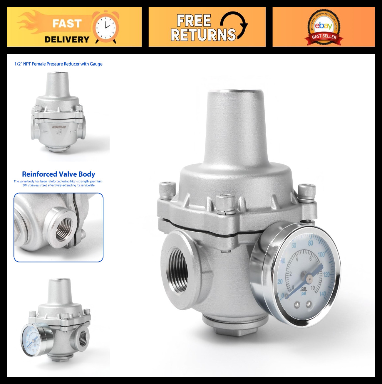 Adjustable Water Pressure Regulator Valve with Gauge, 1/2″ NPT, 304 Stainless St