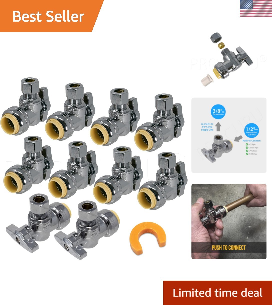 10-Pack PushFit Angle Stop Valve 1/2″ x 3/8″ Compression for Easy Install