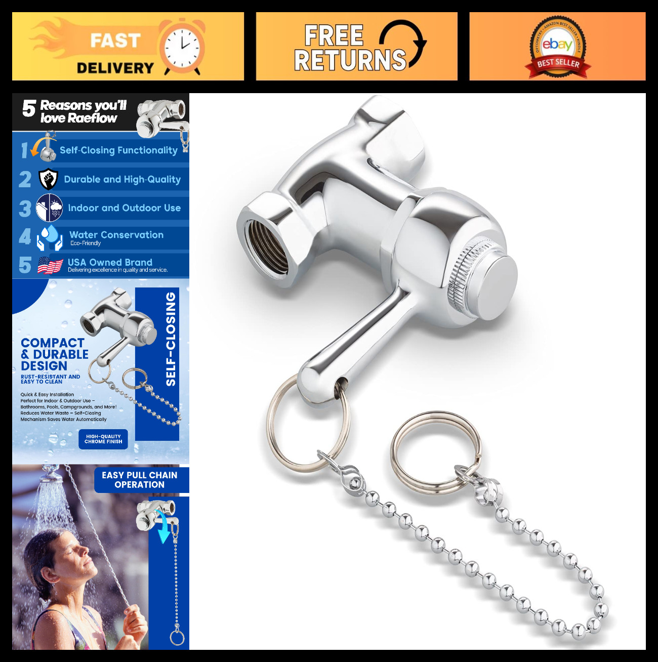 Self-Closing Shower Valve with Pull Chain – Chrome Finish, Indoor/Outdoor Use
