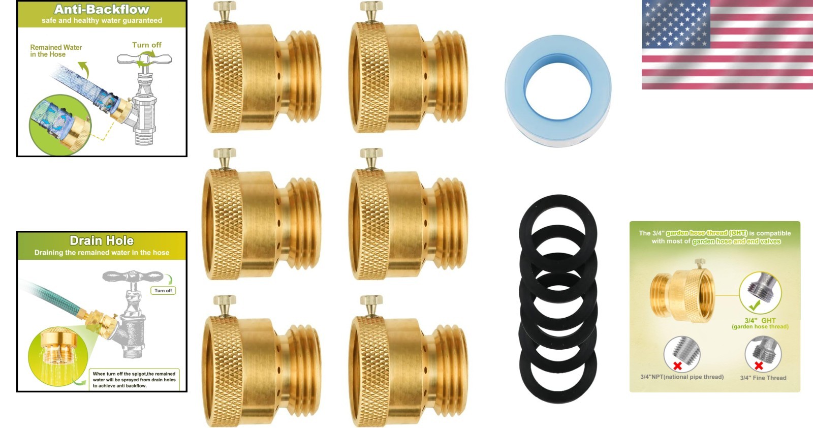 Versatile 3/4” Brass Anti-Siphon Valve, 6-Pack Backflow Preventers for Garden
