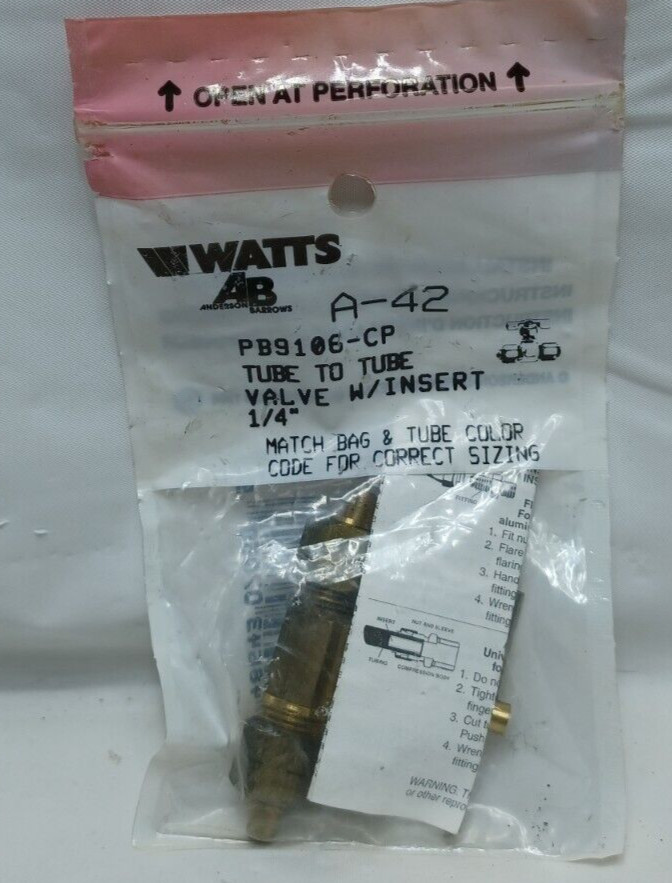 WATTS Anderson Barrows A-42 PB9106-CP 1/4″ tube to tube straight valve w insert