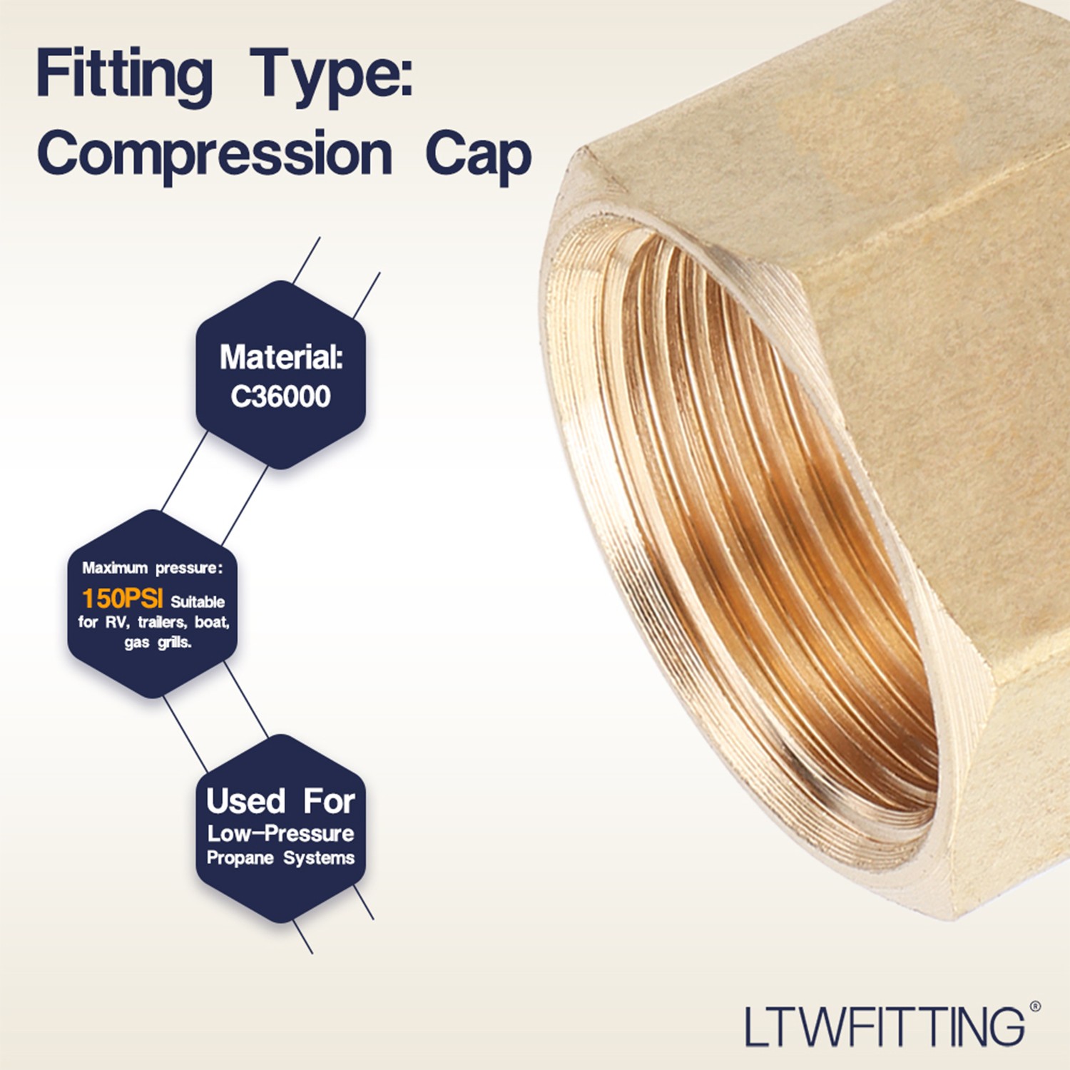LTWFITTING 3/8-Inch Brass Compression Cap Stop Valve Cap, Fittings 60 pack