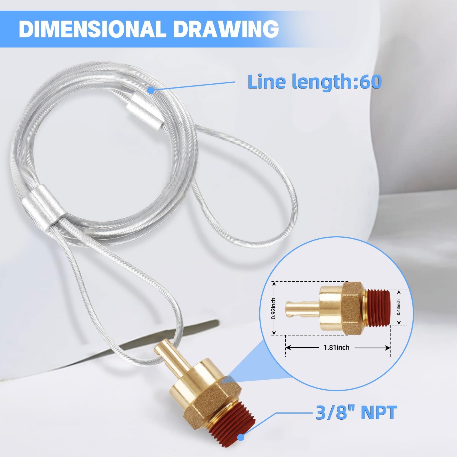 3/8” Air Tank Drain Valve Plug with 60” Cable – Brass Replacement, 350PSI, 4-Pac