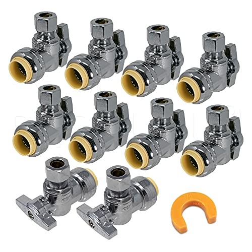 [-Pack] PROCURU PushFit Angle Stop Valve 1/2″ Push x 3/8″ OD Comp, Quarter 10