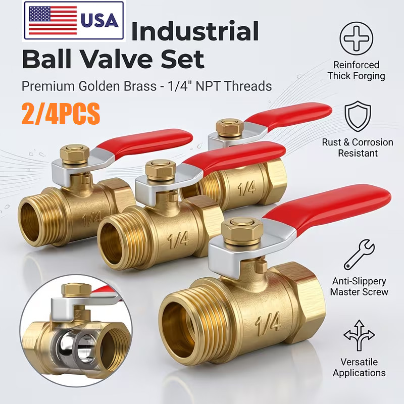 2/4x Heavy Duty Brass Ball Valve Shut Off 1/4″ NPT Thread – Male Female Fittings