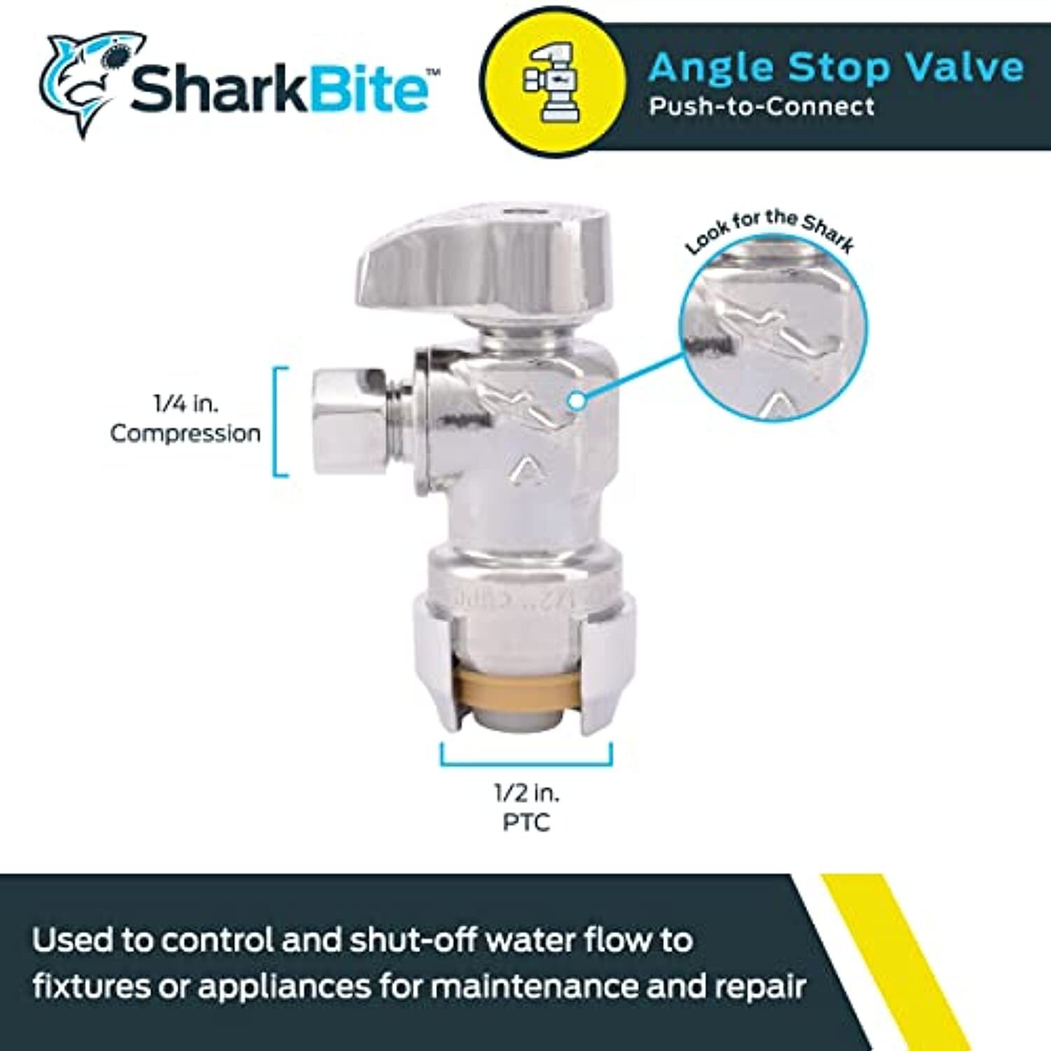 SharkBite 1/2 x 1/4 Inch Compression Angle Stop Valve, Quarter Turn, Push to