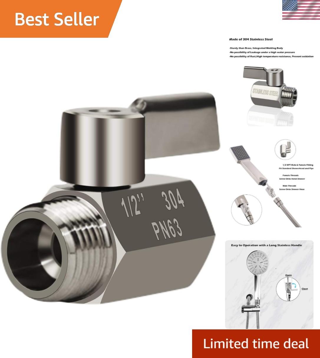 Adjustable Showerhead Shut Off Valve, 304 Stainless Steel – Ideal for Home & RV