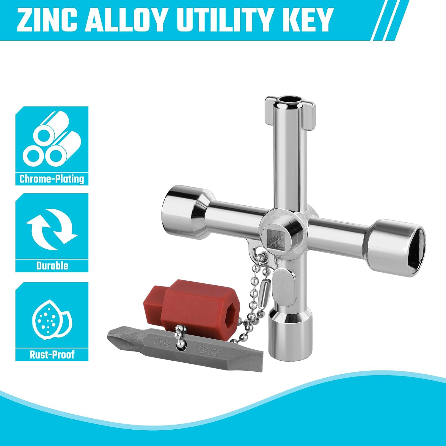 4 Way Sillcock Key with Bit, 1-Pack, for Valve, Faucet, Spigots | Zinc Alloy, Ch