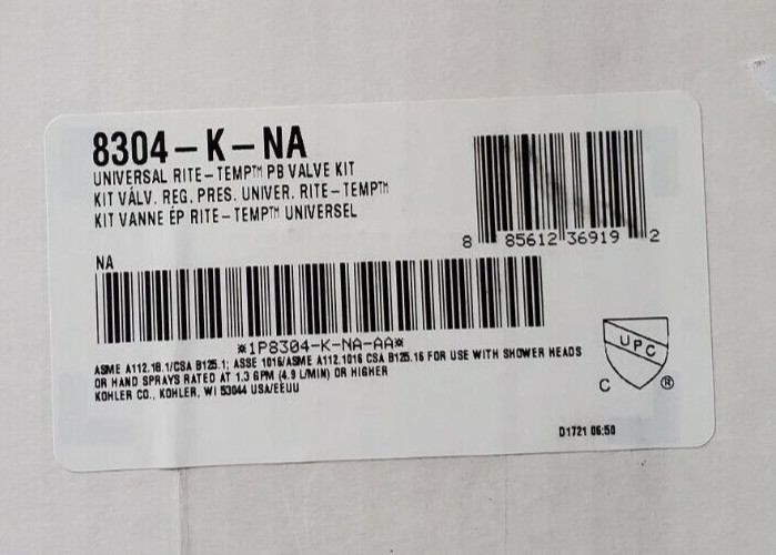 Kohler K-8304-K-NA Universal Rite-Temp Pressure-Balancing Valve Body & Cartridge