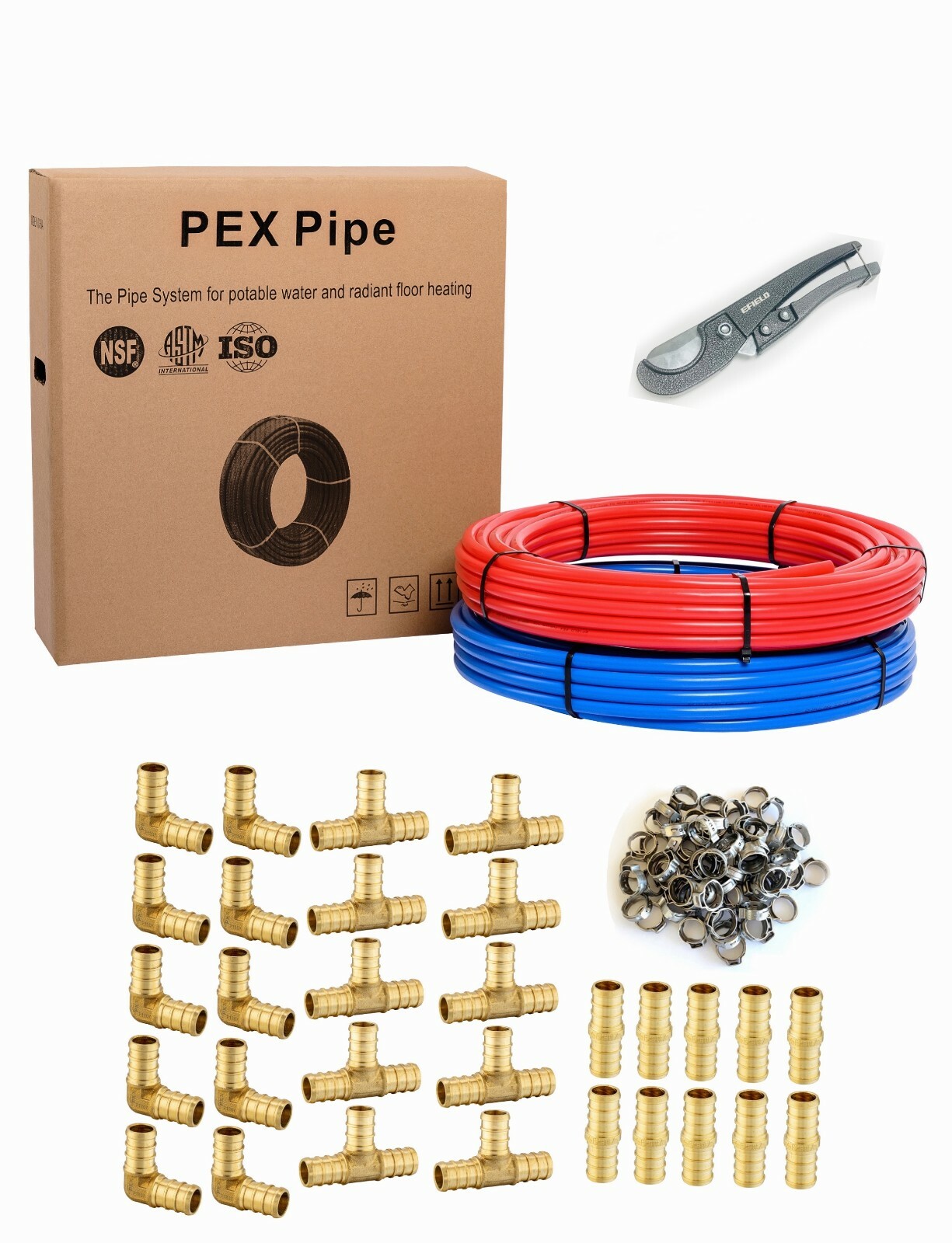 1/2″ 2x 100ft(200ft) PEX Pipe ,30 Pcs 1/2″ Brass Fitting, 100 Pcs Clamps ,Cutter