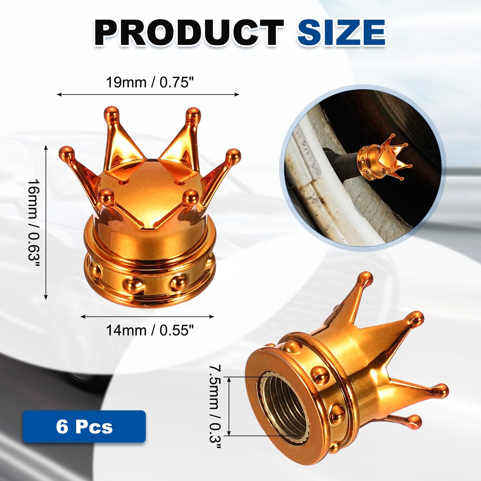 6Pcs Crown Style Tire Valve Stem Caps ABS Plastic Air Caps Cover, Orange