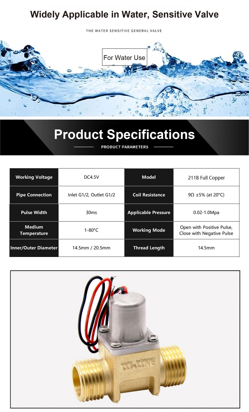 Automatic Urinal Flush Valve DC4.5V G1/2 Latching Solenoid Sensor Controller