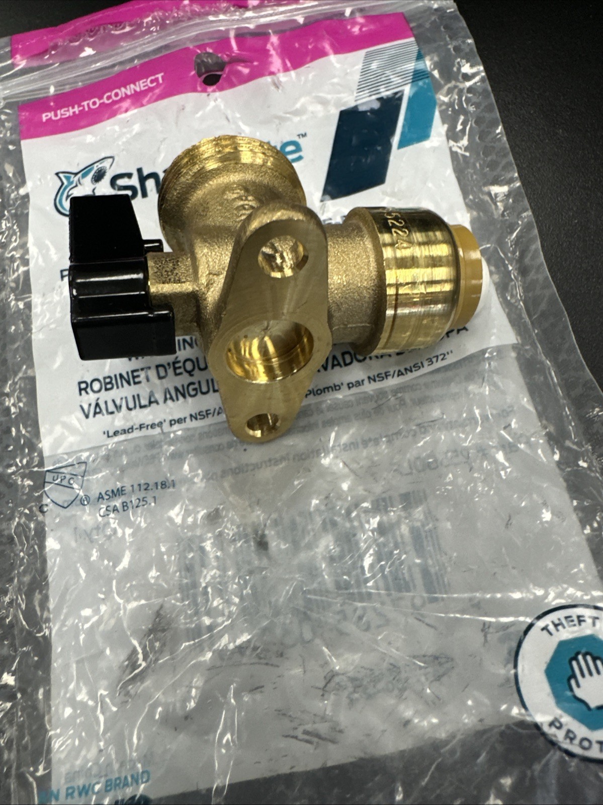 E6.Sharkbite 1/2 Inch X 3/4 Inch MHT Washing Machine Angle Valve, Push to Cont B