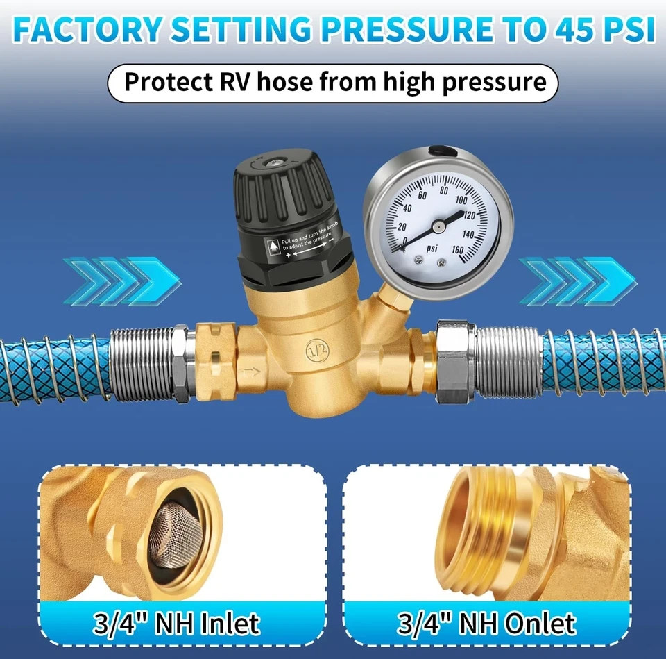 Boltigen RV Water Pressure Regulator with Gauge, Adjustable Handle Water Pressur