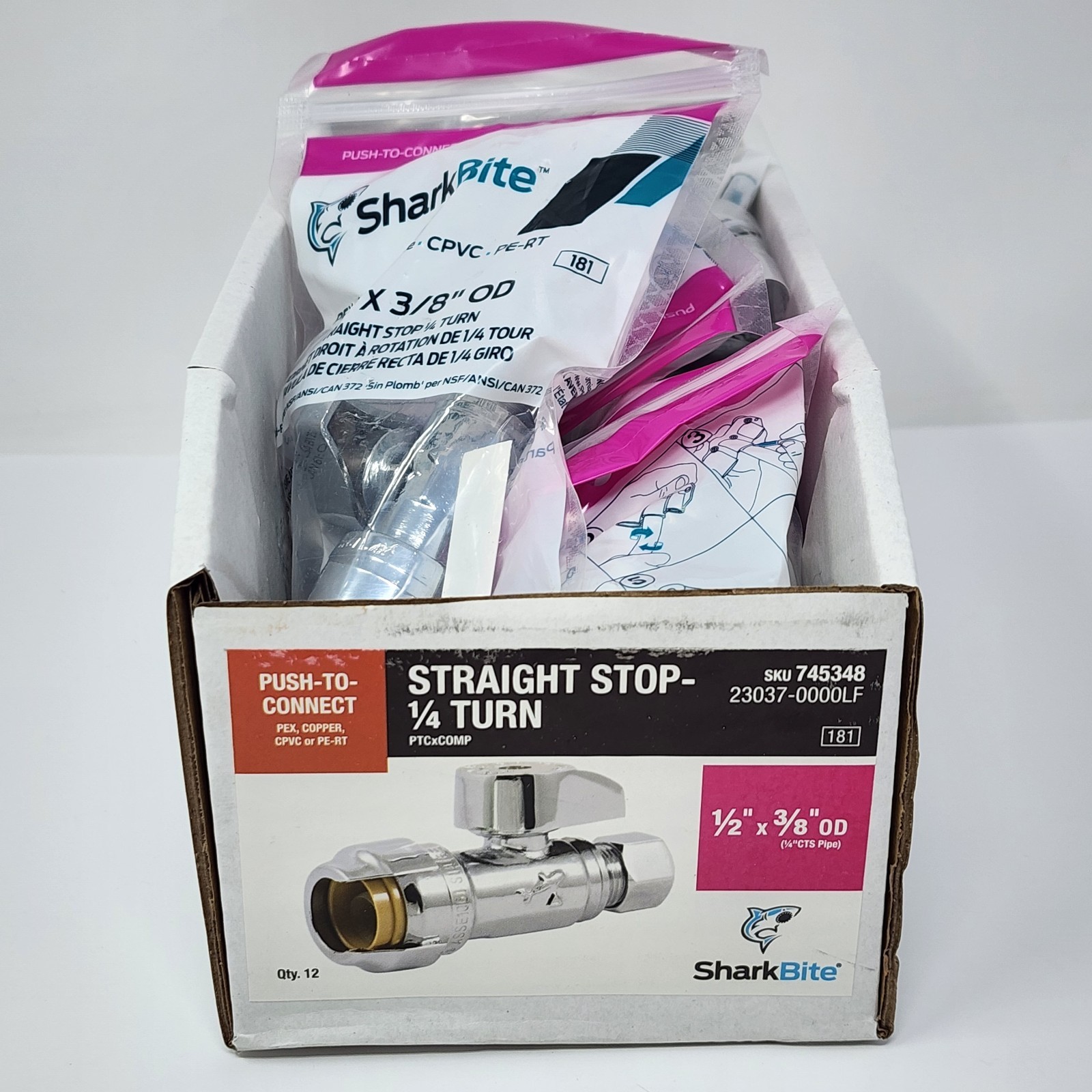 Sharkbite Straight Stop 1/2″ x 3/8″ OD 1/4 Turn Push Connect PTCxCOMP (12 Pack)
