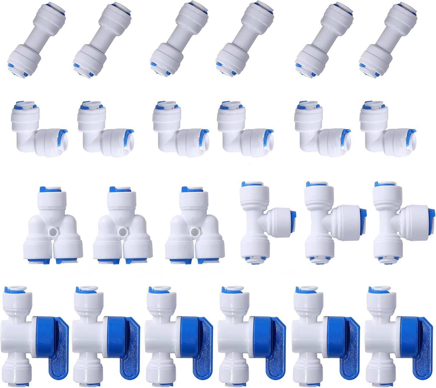 1/4″ OD Quick Connect Push Water Tube Fitting for RO, 24 Pack | Ball Valve + T +
