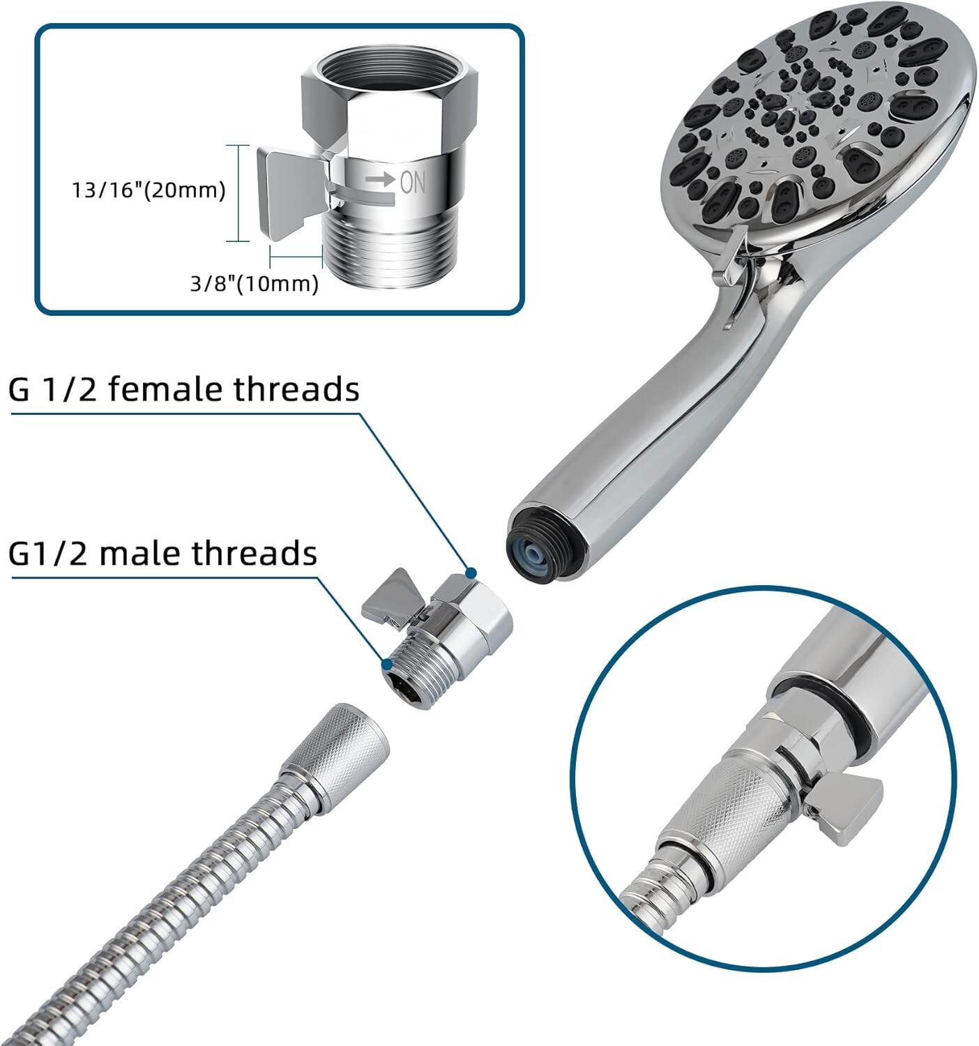 Hibbent All Metal 1 Pack Shower Head Flow Control Valve, G1/2 Brass Shut-off