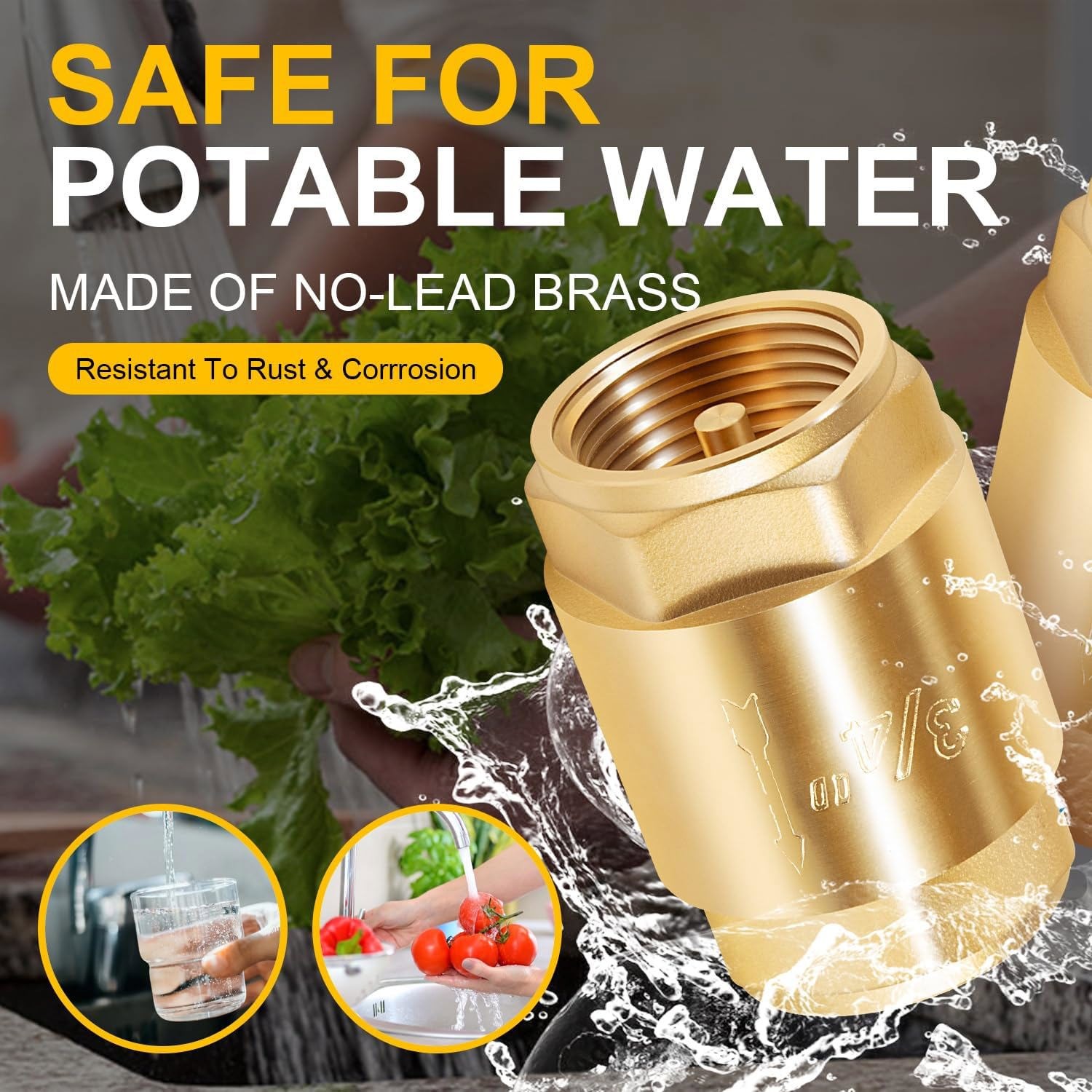 One Way Brass In-Line Check Valve, 3/4 Inch IPS for Water Supply System, 2 Pack