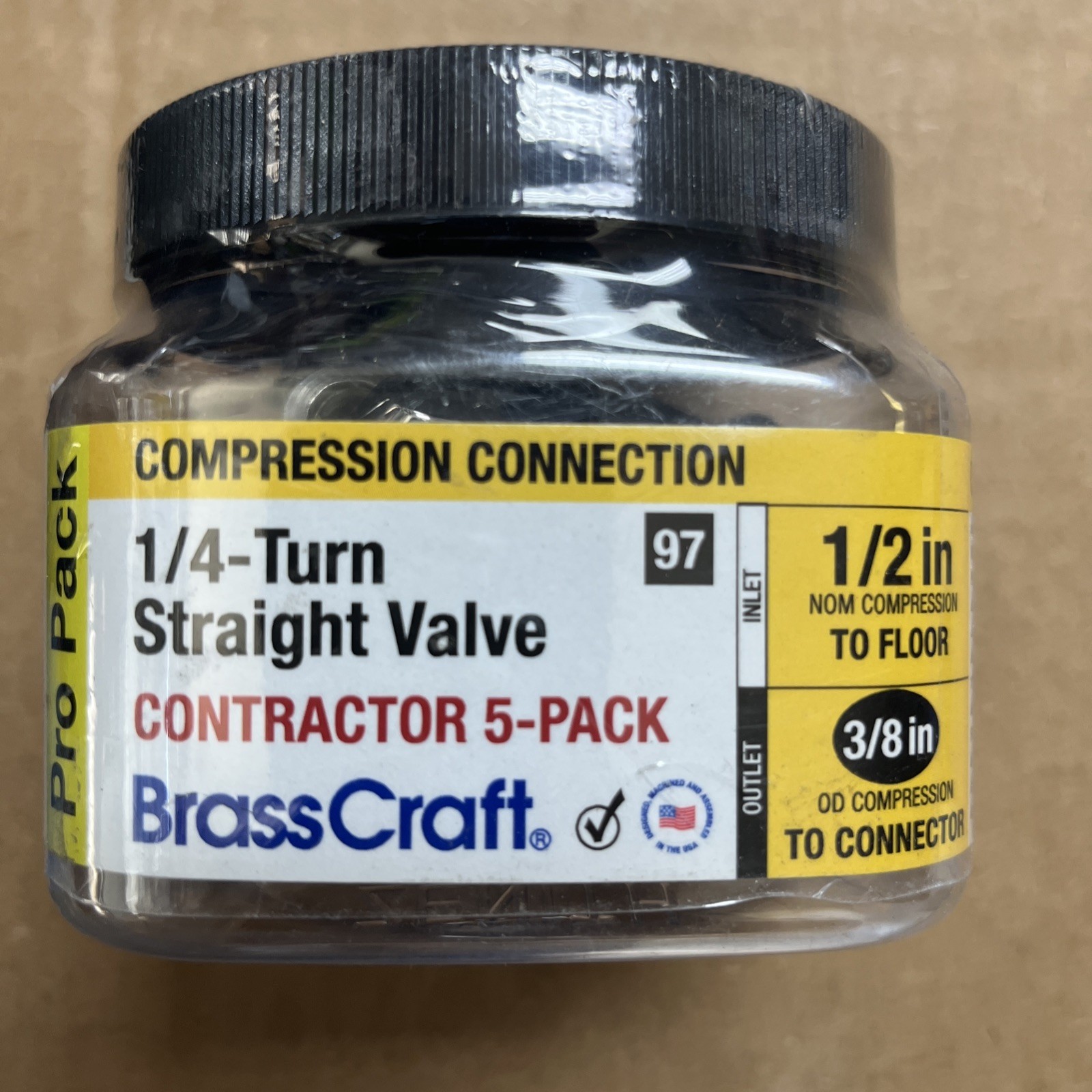 BrassCraft 1/2 in. Comp Inlet x 3/8 in. Comp Outlet 1/4-Turn Straight Stop (5PK)