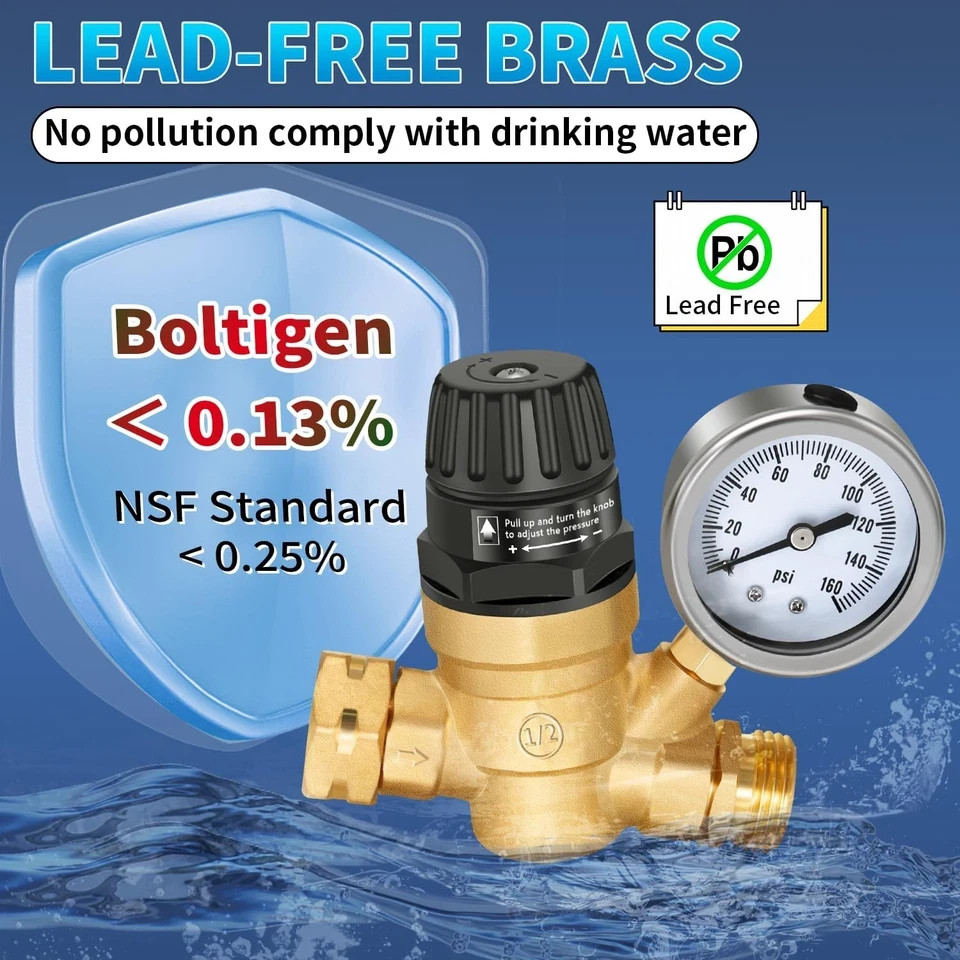 Boltigen RV Water Pressure Regulator with Gauge, Adjustable Handle Water Pressur