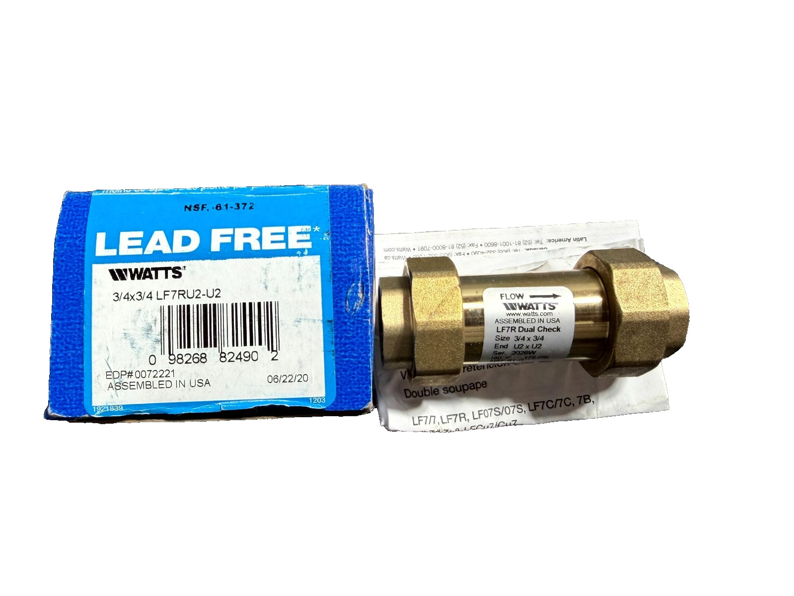Watts 3/4 in. x 3/4 in. Lead Free Brass Residential Dual Check Valve LF7RU2-U2