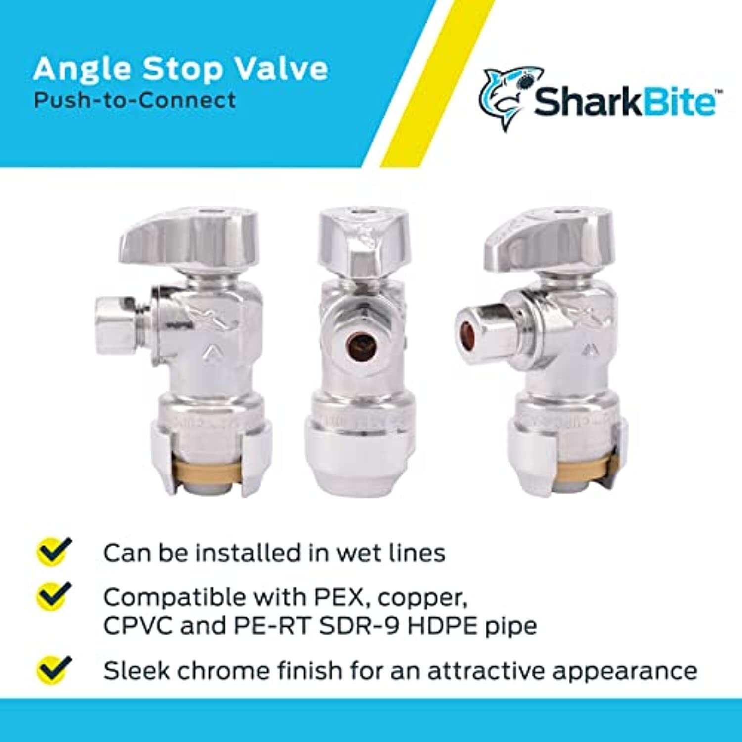 SharkBite 1/2 x 1/4 Inch Compression Angle Stop Valve, Quarter Turn, Push to