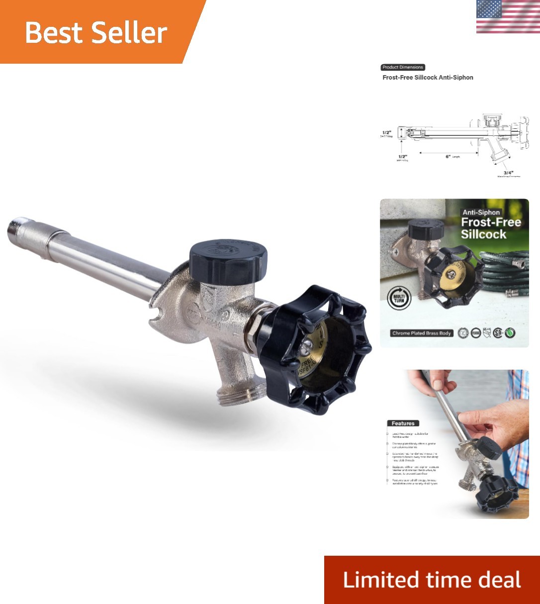 6-Inch Frost-Free Anti-Siphon Sillcock with Vacuum Breaker – Chrome-Plated Brass