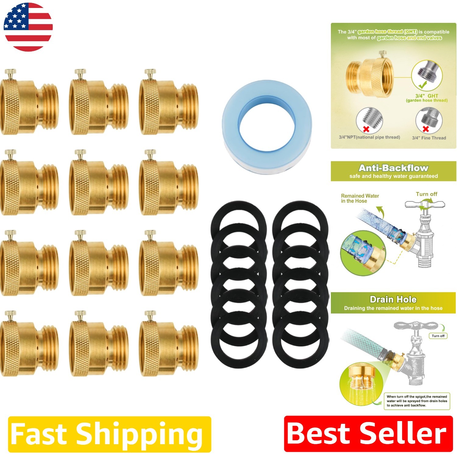 Durable Brass 12-Pack Anti Siphon Valves 3/4″ GHT Outdoor Faucet Preventers