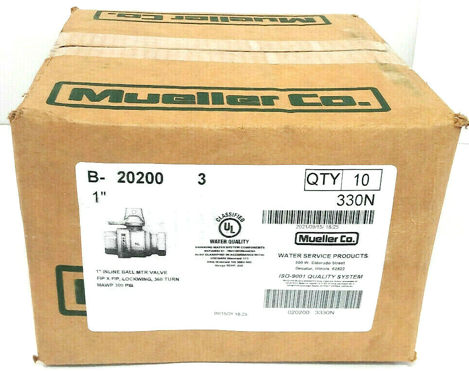 Ten 1″ Mueller 300 Ball Straight Service Lockwing Valves F.I.P. x F.I.P, B-20200