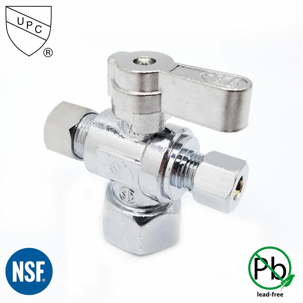 1/2 Inch FIP x 3/8 Inch Comp x 1/4 Inch Comp Quarter Turn Brass Angle Stop Valve