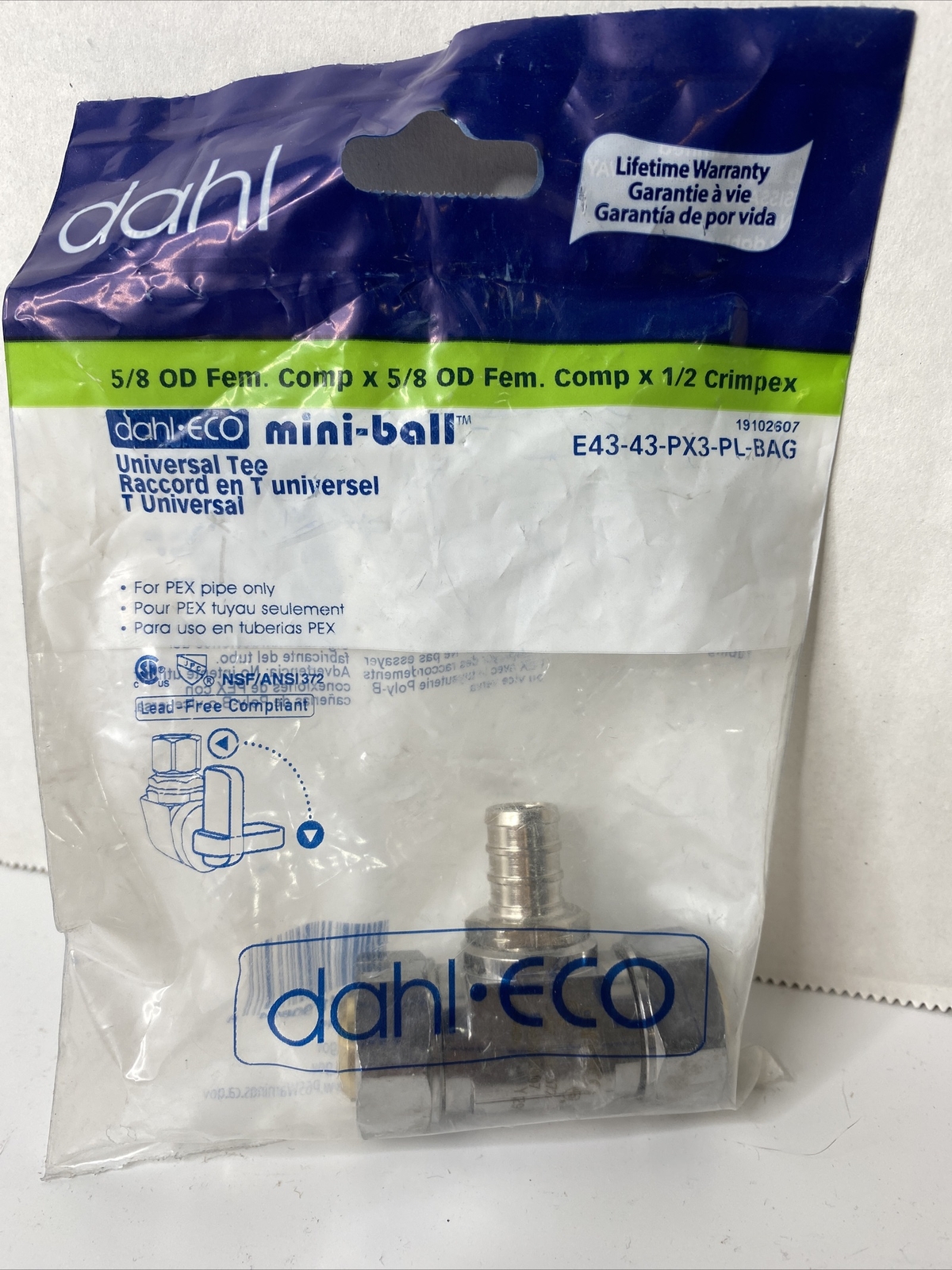 Dahl E43-43-PX3-PL-BAG 5/8 OD Fem Comp x 5/8 OD Fem Universal Tee Crimpex