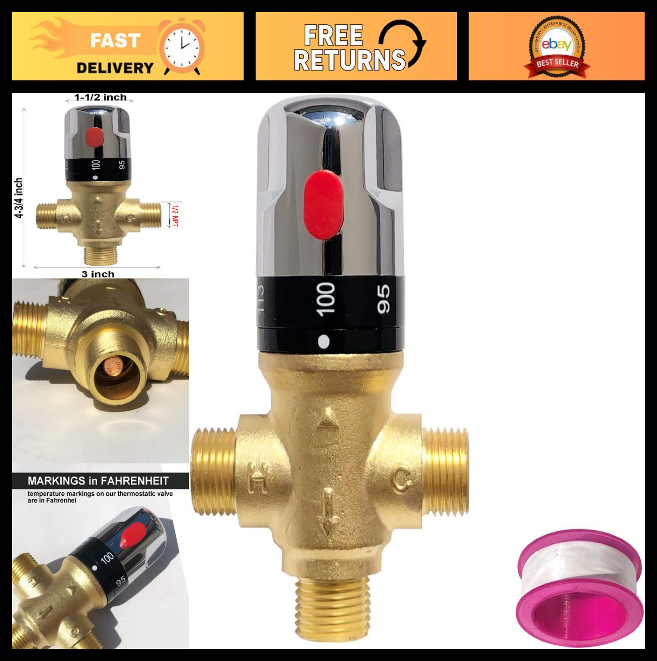 Thermostatic Shower Mixing Valve 1/2″ NPT Male, Brass Water Temperature Control