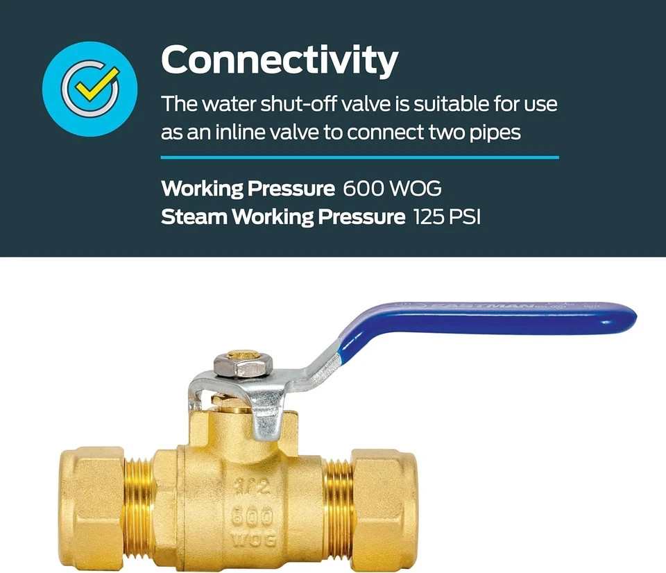 1/2 Inch Compression Heavy Duty Full Port Ball Valve, Brass Plumbing Fitting, 20