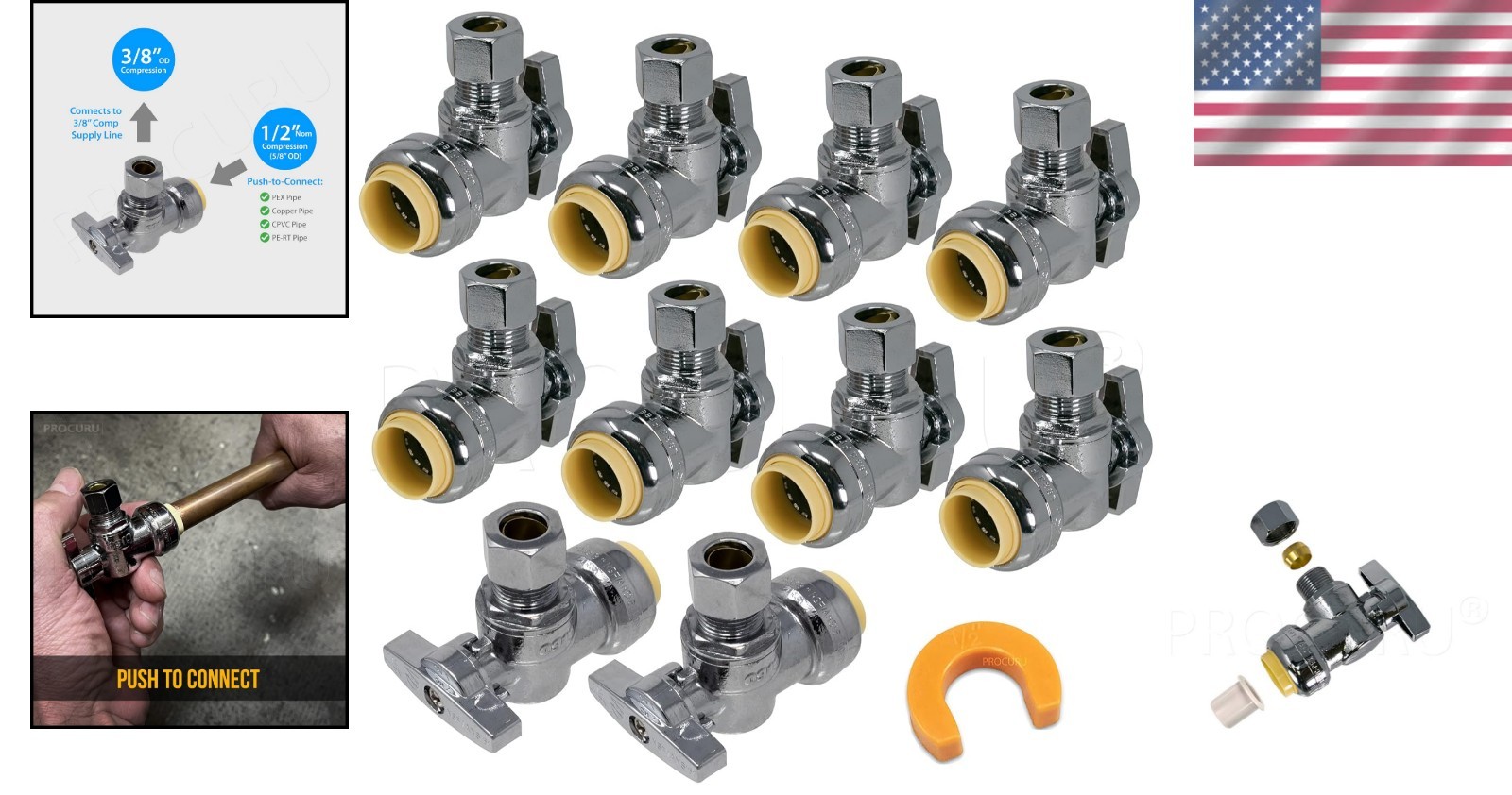 10-Pack PushFit Angle Stop Valve 1/2″ x 3/8″ Compression for Easy Install