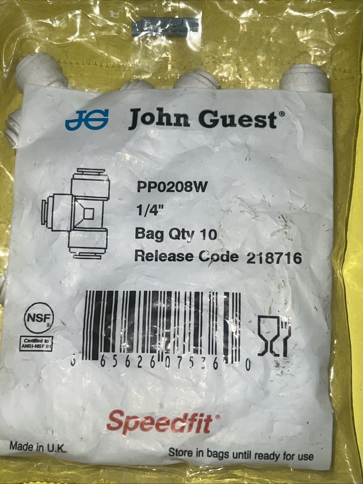 Lot Of 10 John Guest PP0208W-US Quick Connect Union Tee 1/4″ OD Connector New..