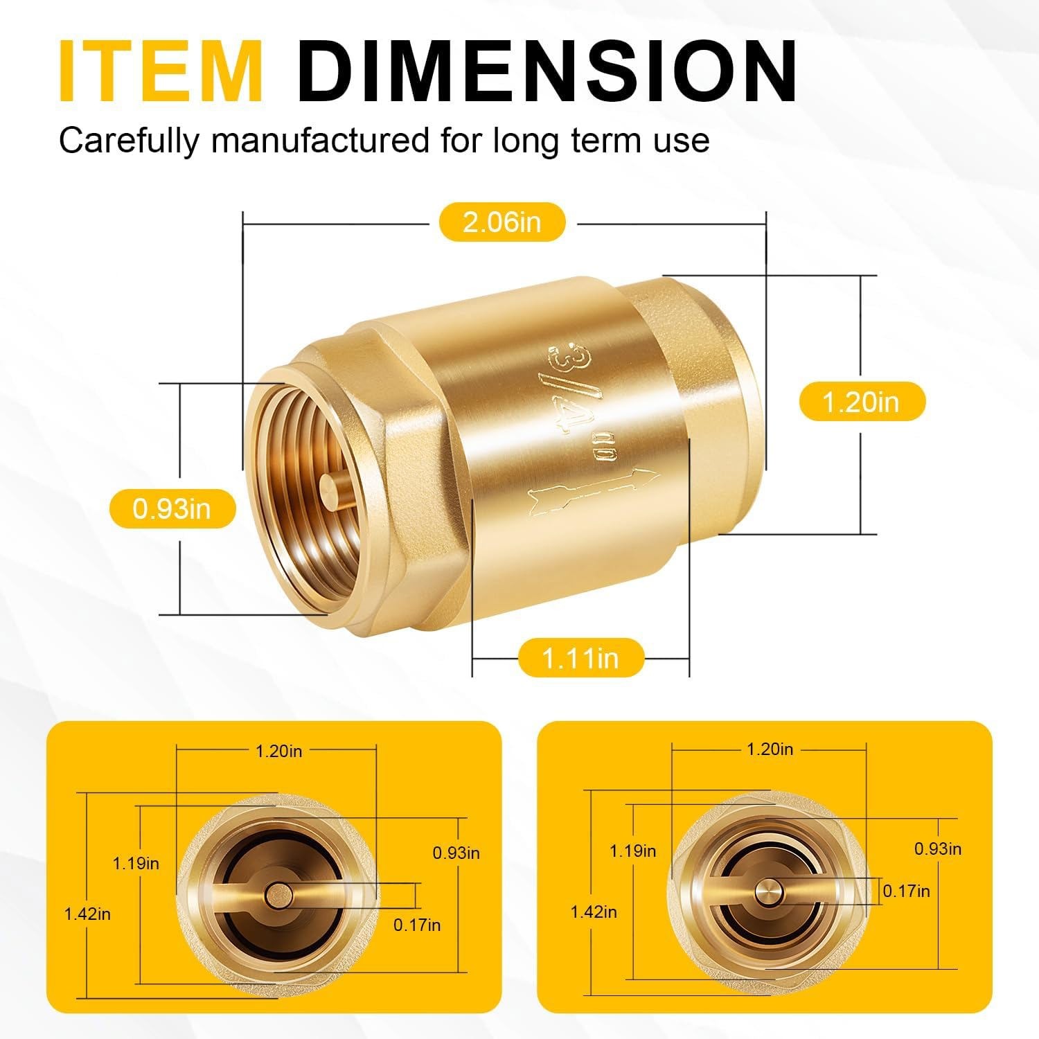 One Way Brass In-Line Check Valve, 3/4 Inch IPS for Water Supply System, 2 Pack