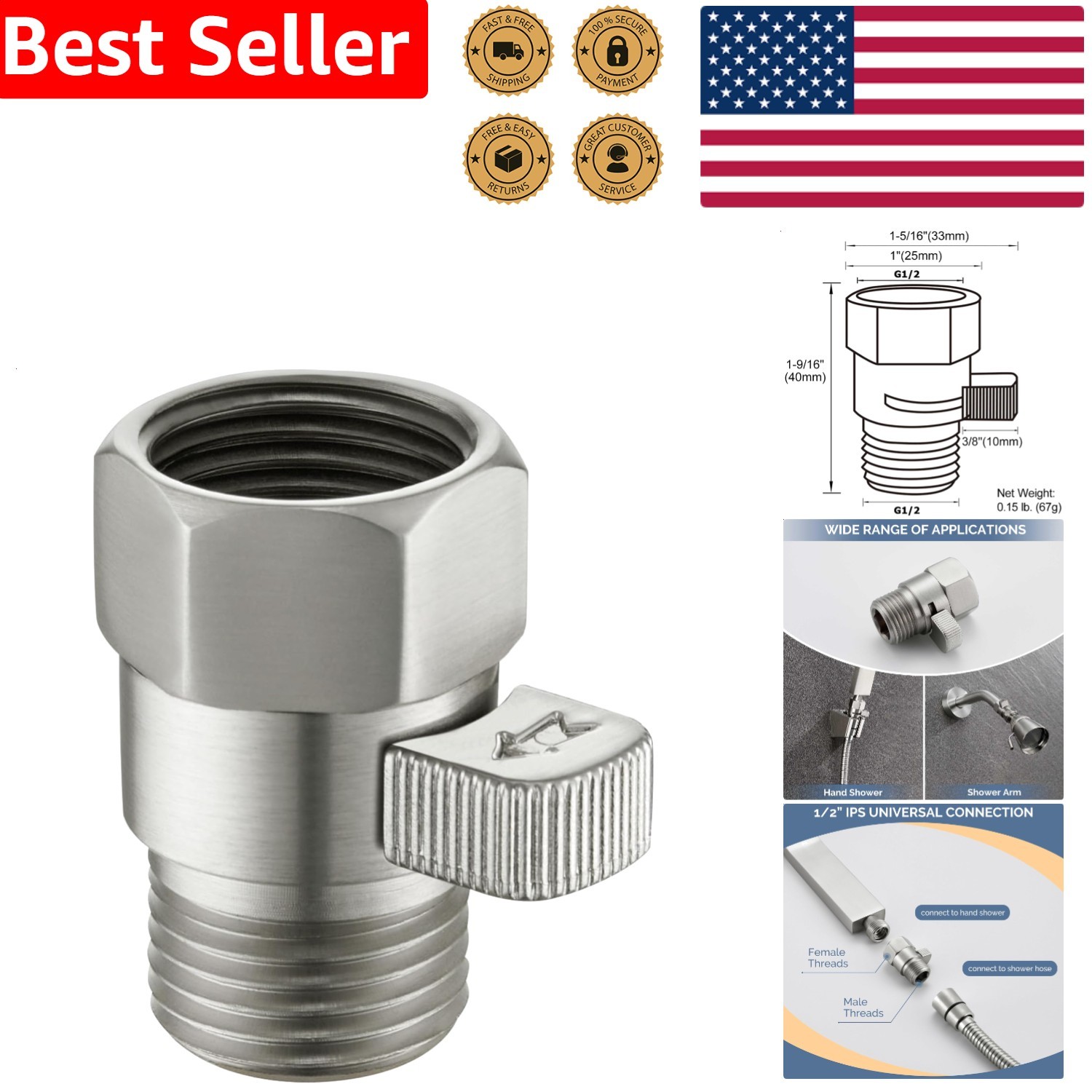 Water Saver Valve 1/2 IPS Solid Brass Brushed Nickel Durable Adjuster
