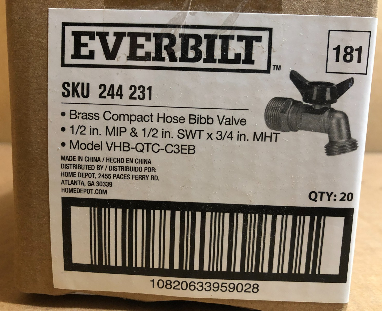 Everbilt Brass Hose Bibb Valves 1/2″ MIP & 1/2″ SWT x 3/4″ MHT (Box of 20) **