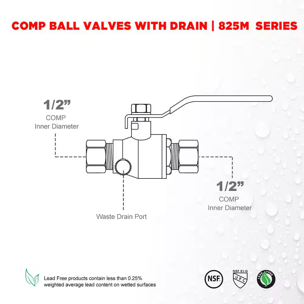 Premium Brass Full Port Ball Valve with Drain, with 1/2 In. Compression Connecti