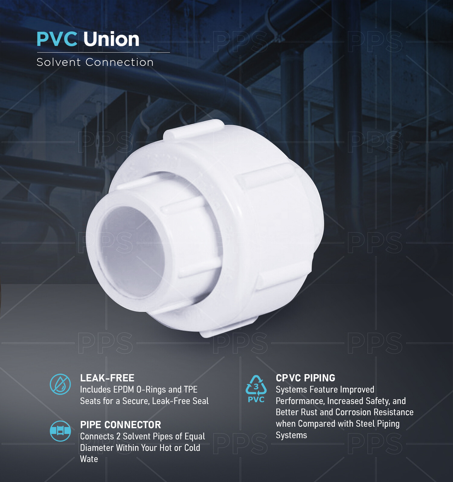 4Midline Valve PVC Union Coupling Pipe Fitting 1”-4” Solvent Connections White
