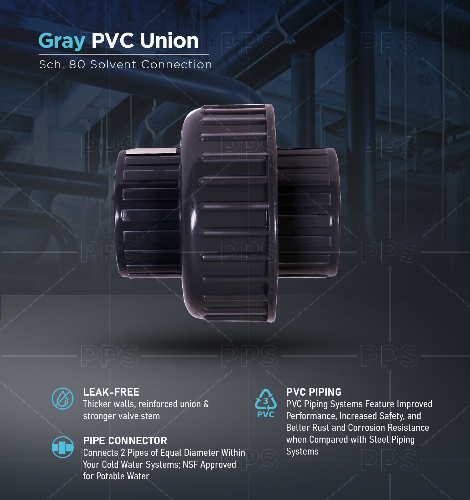 Midline Valve PVC Union Coupling Pipe Fitting 1/2”-2” Solvent Connection Grey