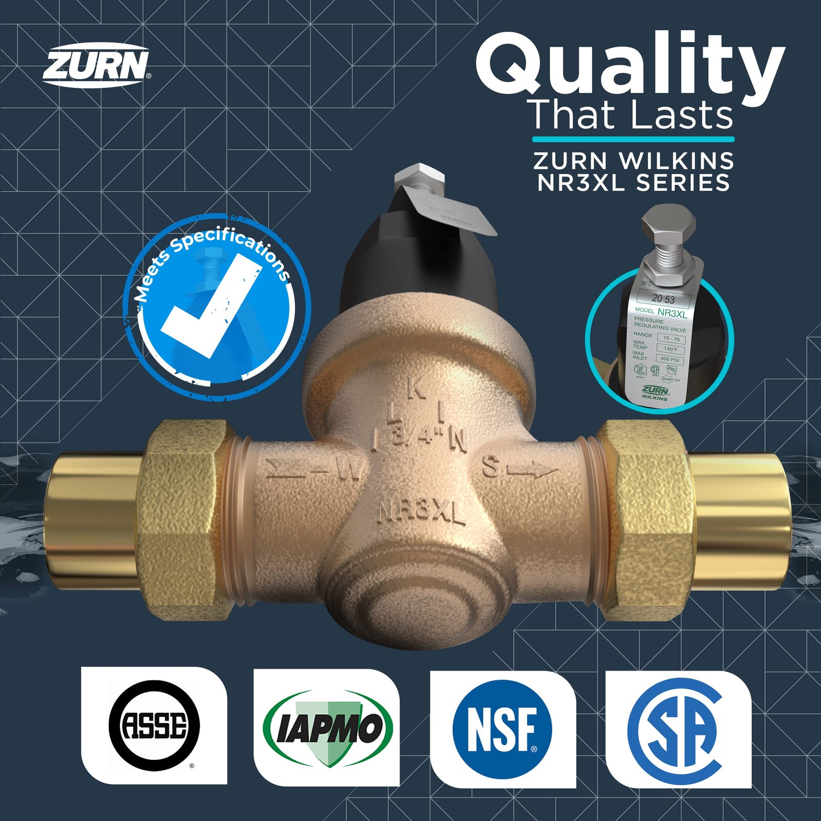 Zurn Wilkins 114-NR3XLDUC 1-1/4″ NR3XL Pressure Reducing Valve with Double Union