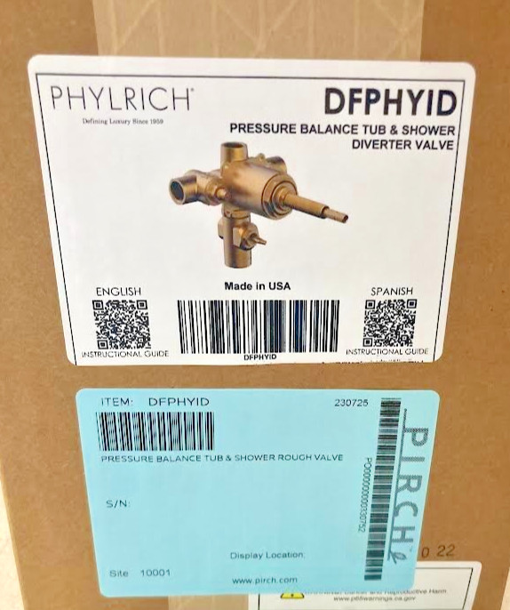 Phylrich DFPHYID Pressure Balance Brass Tub and Shower Diverter Valve BRASS New!