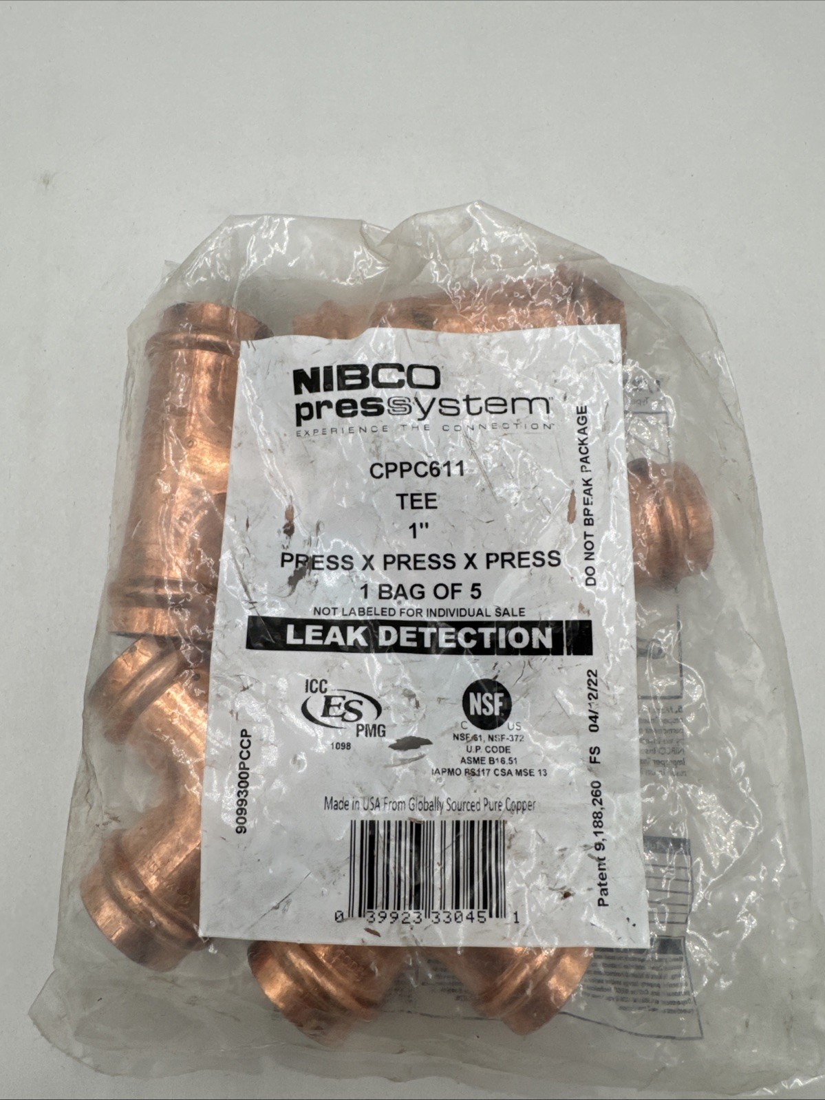 NIBCO 1″ Press x 1″ Press x 1″ Press Wrought Copper TEE CPPC611, 5 pk