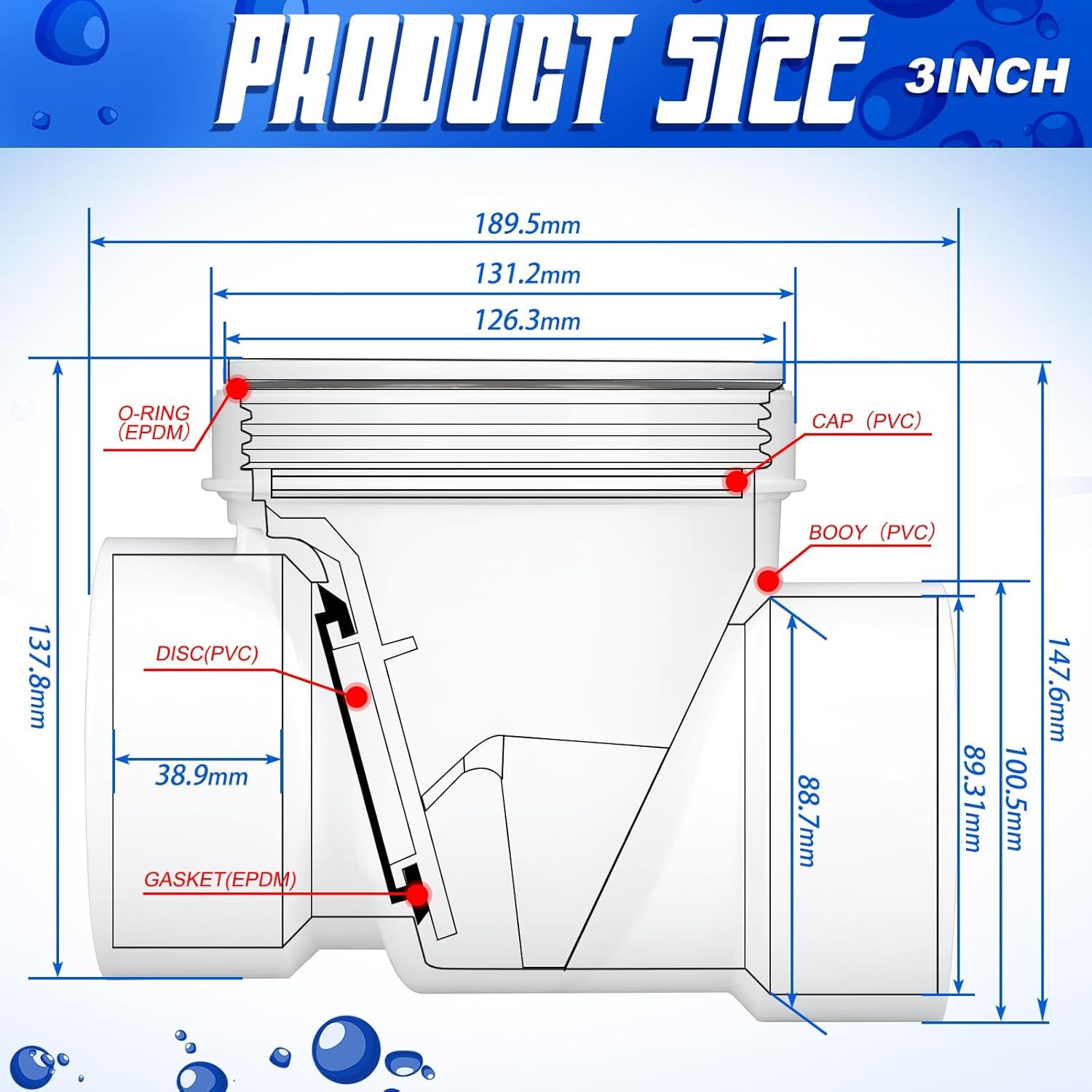Backwater Valve Drain Backflow Preventer Valve Prevent Sewage 3 Inch White PVC
