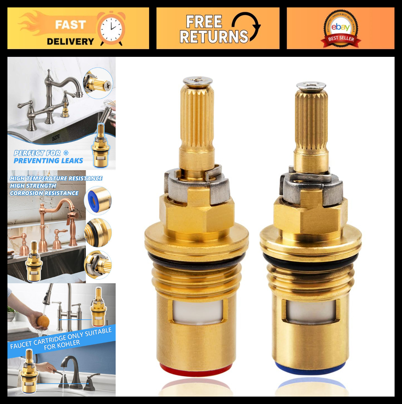 Ceramic Faucet Cartridge Replacement Parts, Hot & Cold Valve 2 Pack – Brass