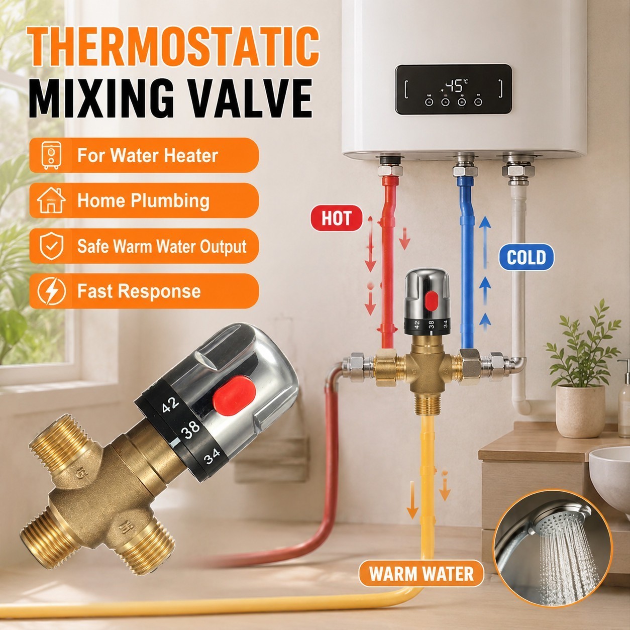 Brass Thermostatic Tempering Mixing Valve Bathroom Faucet Shower Mixer Control